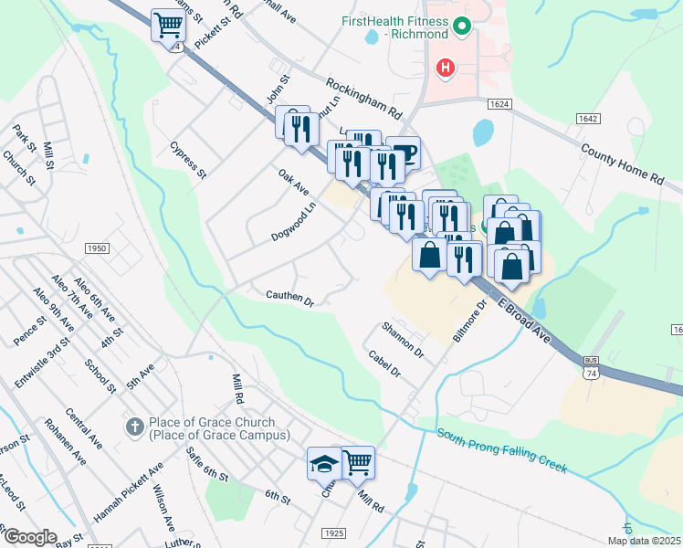 map of restaurants, bars, coffee shops, grocery stores, and more near 1316 Cauthen Drive in Rockingham