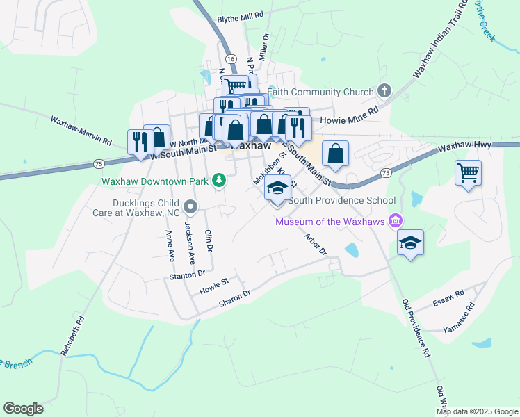 map of restaurants, bars, coffee shops, grocery stores, and more near 401 Brevard Street in Waxhaw