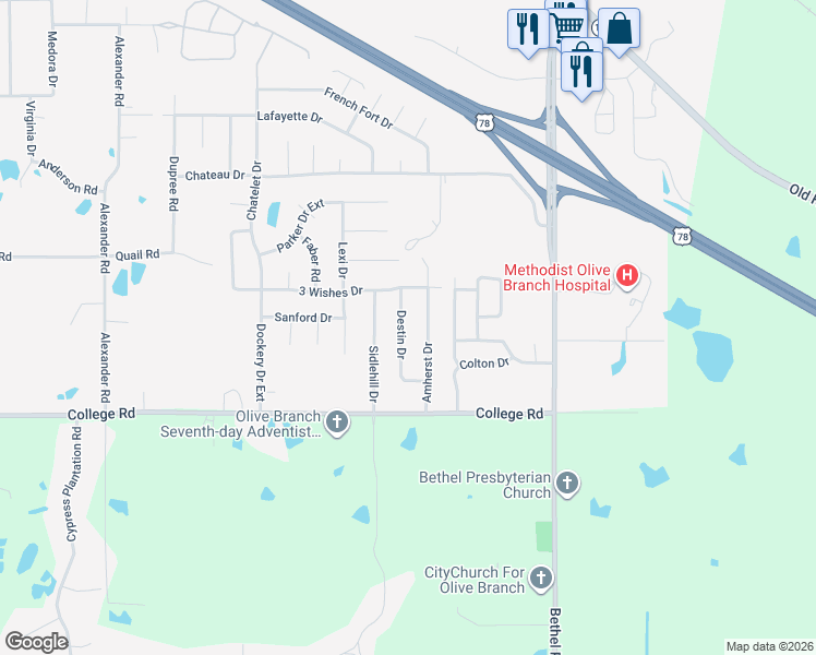 map of restaurants, bars, coffee shops, grocery stores, and more near 4156 Destin Drive in Olive Branch