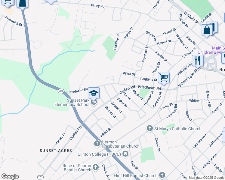 map of restaurants, bars, coffee shops, grocery stores, and more near 427 Baker Street in Rock Hill