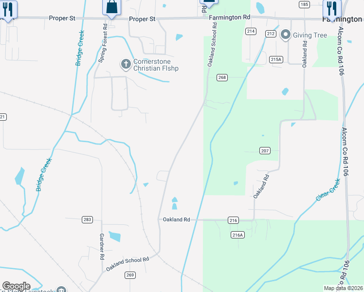map of restaurants, bars, coffee shops, grocery stores, and more near County Road 213 in Corinth