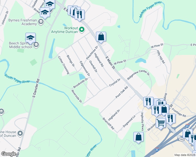map of restaurants, bars, coffee shops, grocery stores, and more near 222 Overhill Dr in Duncan
