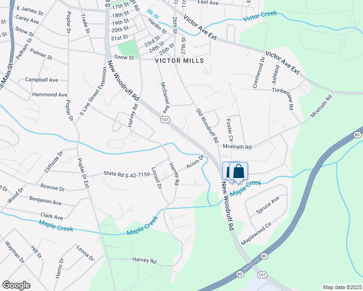 map of restaurants, bars, coffee shops, grocery stores, and more near 101 Butternut Drive in Greer