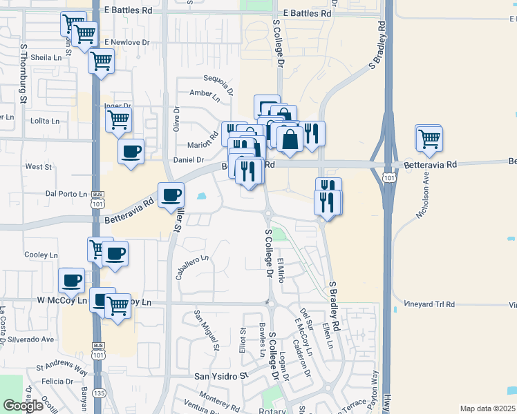 map of restaurants, bars, coffee shops, grocery stores, and more near 2151 South College Drive in Santa Maria