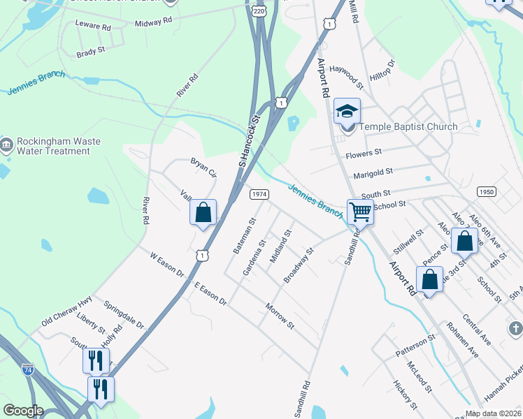 map of restaurants, bars, coffee shops, grocery stores, and more near 107 Bateman Street in Rockingham
