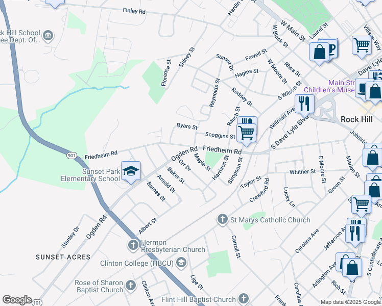 map of restaurants, bars, coffee shops, grocery stores, and more near 707 Ogden Road in Rock Hill