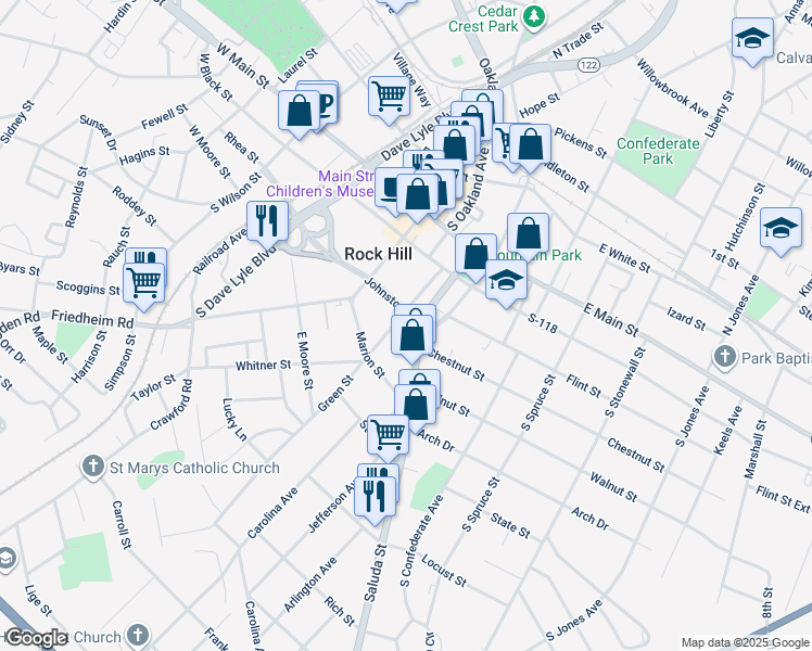 map of restaurants, bars, coffee shops, grocery stores, and more near 315 Green Street in Rock Hill