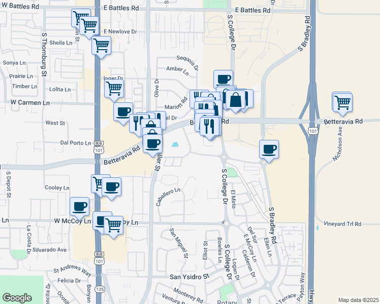 map of restaurants, bars, coffee shops, grocery stores, and more near 301 Southside Parkway in Santa Maria