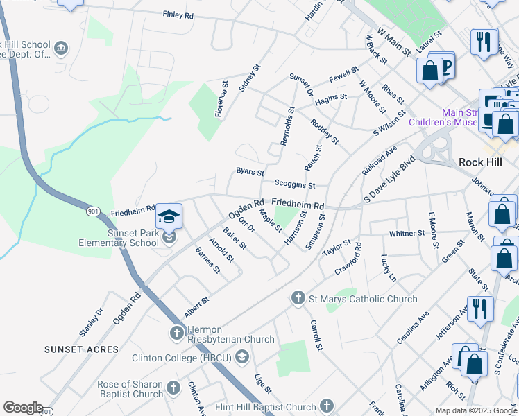 map of restaurants, bars, coffee shops, grocery stores, and more near 707 Ogden Road in Rock Hill