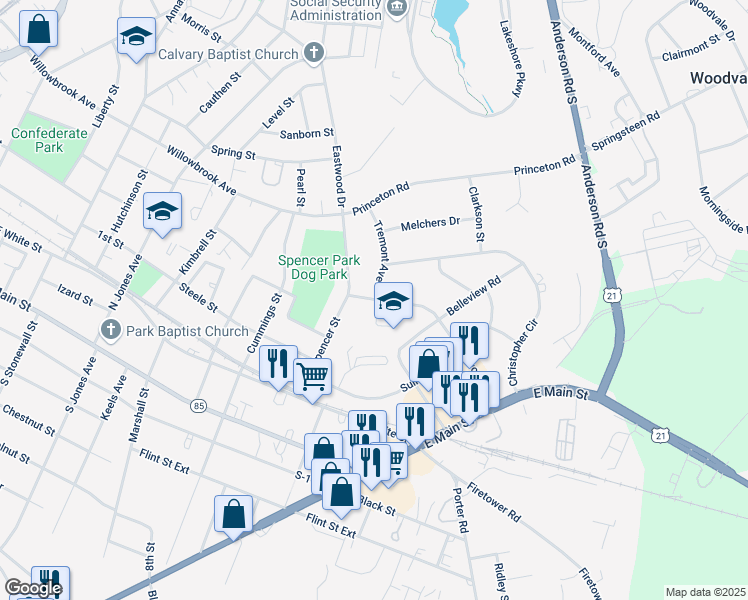 map of restaurants, bars, coffee shops, grocery stores, and more near 1128 Pinewood Road in Rock Hill