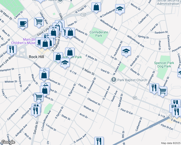 map of restaurants, bars, coffee shops, grocery stores, and more near 549 East Main Street in Rock Hill