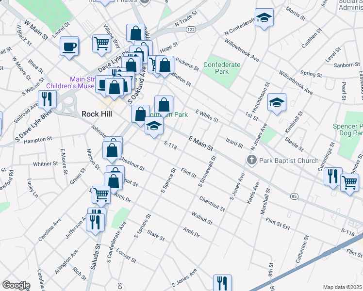 map of restaurants, bars, coffee shops, grocery stores, and more near 421 East Black Street in Rock Hill