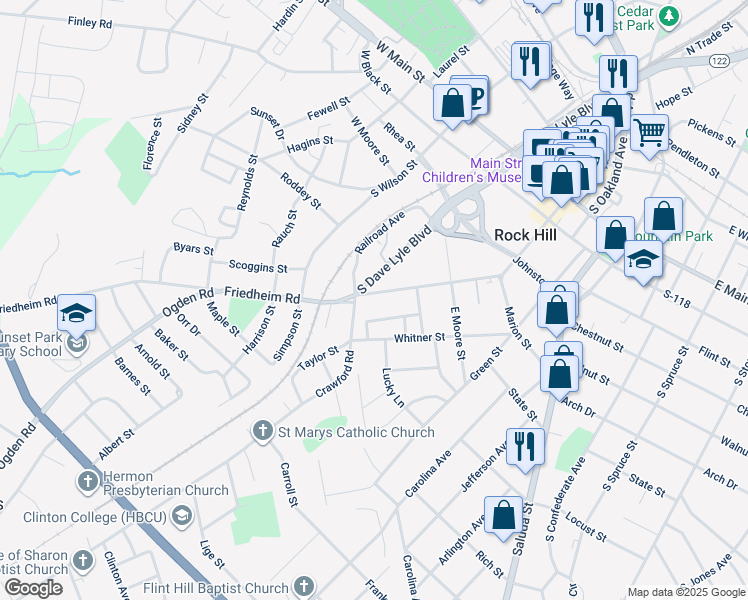 map of restaurants, bars, coffee shops, grocery stores, and more near 539 Hampton Street in Rock Hill