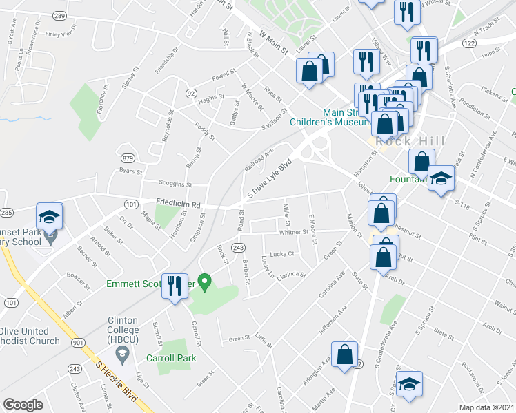 map of restaurants, bars, coffee shops, grocery stores, and more near 539 Hampton Street in Rock Hill