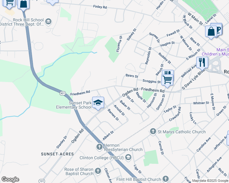 map of restaurants, bars, coffee shops, grocery stores, and more near 427 Baker Street in Rock Hill