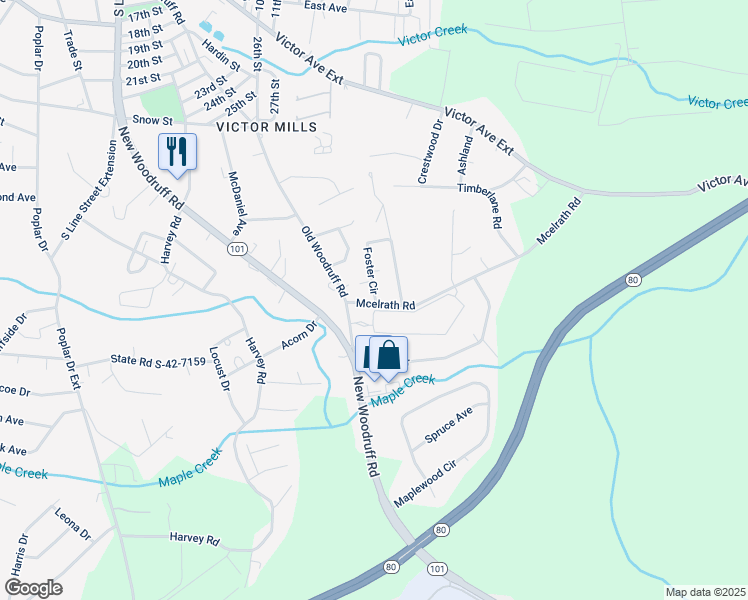 map of restaurants, bars, coffee shops, grocery stores, and more near 105 Foster Circle in Greer