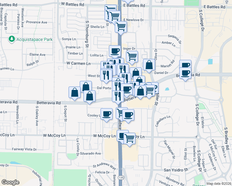 map of restaurants, bars, coffee shops, grocery stores, and more near 2125 South Broadway in Santa Maria