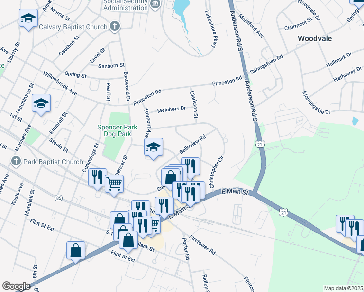 map of restaurants, bars, coffee shops, grocery stores, and more near 619 Belleview Road in Rock Hill