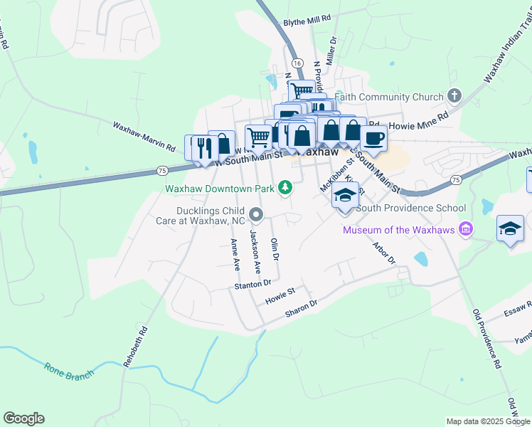 map of restaurants, bars, coffee shops, grocery stores, and more near 333 South High Street in Waxhaw