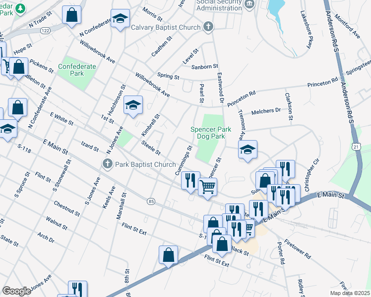 map of restaurants, bars, coffee shops, grocery stores, and more near 335 Cummings Street in Rock Hill