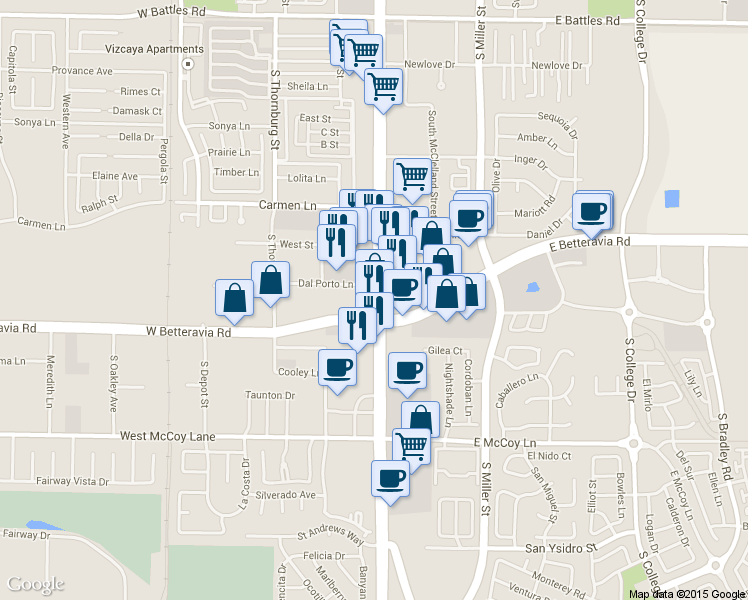 map of restaurants, bars, coffee shops, grocery stores, and more near 2125 S Broadway in Santa Maria