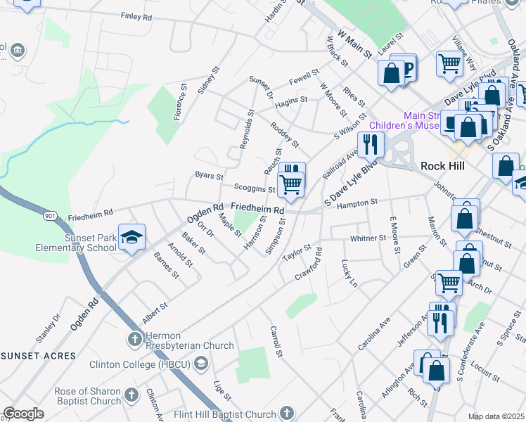 map of restaurants, bars, coffee shops, grocery stores, and more near 604 Harrison Street in Rock Hill