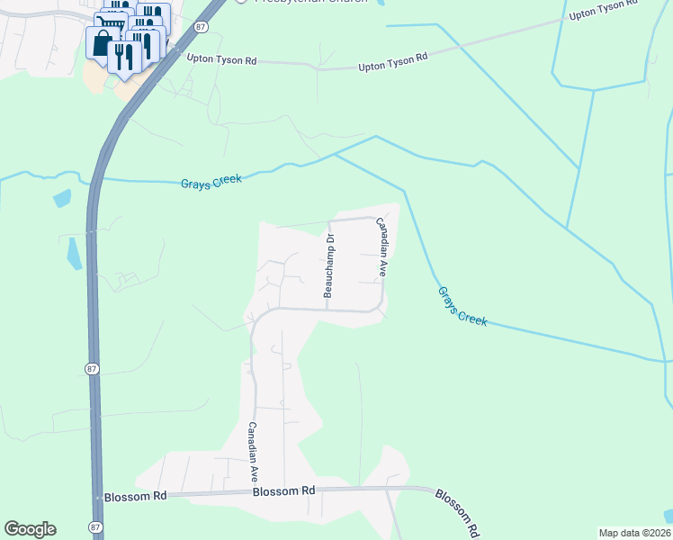 map of restaurants, bars, coffee shops, grocery stores, and more near 6323 Beauchamp Drive in Hope Mills