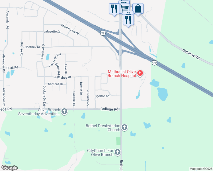 map of restaurants, bars, coffee shops, grocery stores, and more near 10871 Blake Circle in Olive Branch