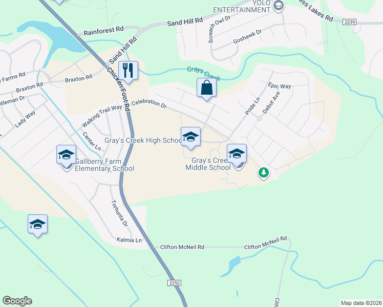 map of restaurants, bars, coffee shops, grocery stores, and more near 5301 Celebration Drive in Hope Mills