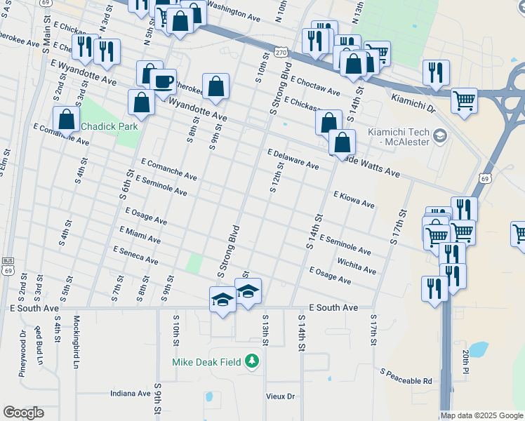 map of restaurants, bars, coffee shops, grocery stores, and more near 617 South 12th Street in McAlester