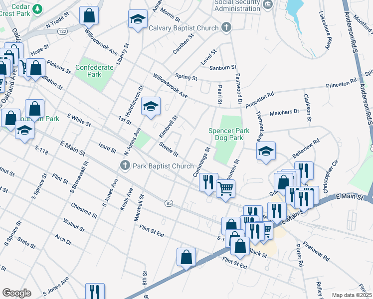 map of restaurants, bars, coffee shops, grocery stores, and more near 319 High Street in Rock Hill