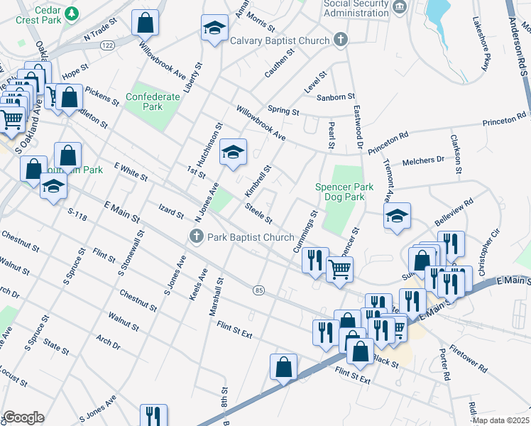 map of restaurants, bars, coffee shops, grocery stores, and more near 305 Lyle Street in Rock Hill