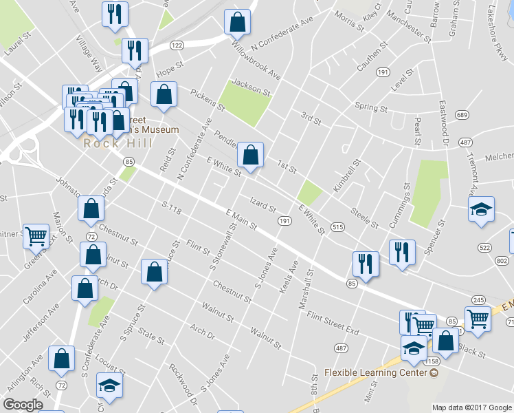 map of restaurants, bars, coffee shops, grocery stores, and more near 634 Izard Street in Rock Hill