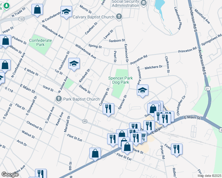 map of restaurants, bars, coffee shops, grocery stores, and more near 335 Cummings Street in Rock Hill