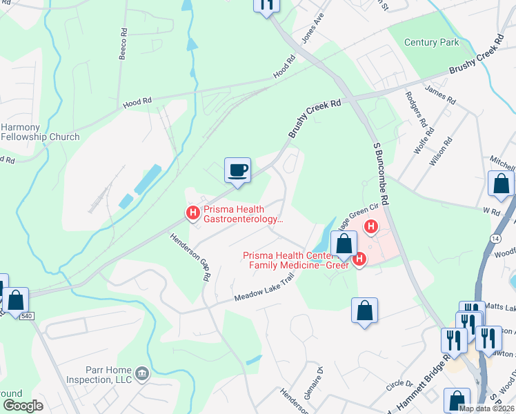map of restaurants, bars, coffee shops, grocery stores, and more near 35 Meadow Springs Lane in Greer