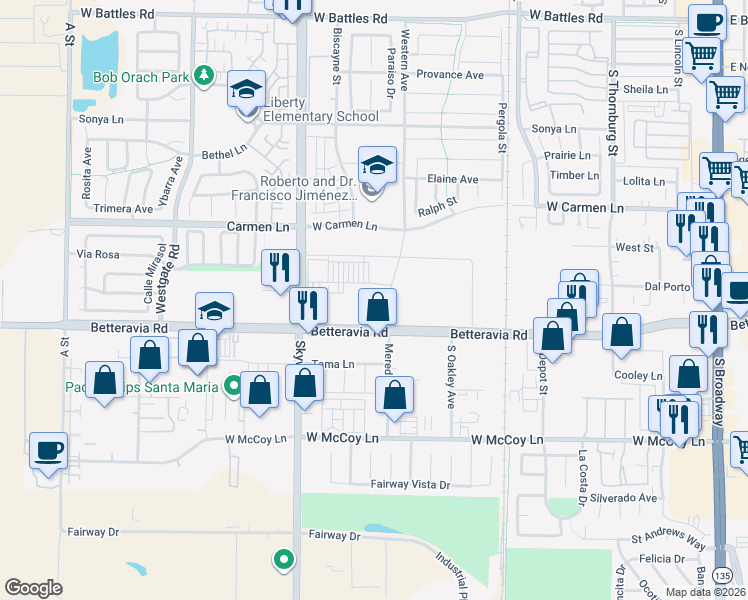 map of restaurants, bars, coffee shops, grocery stores, and more near 1111 Betteravia Road in Santa Maria