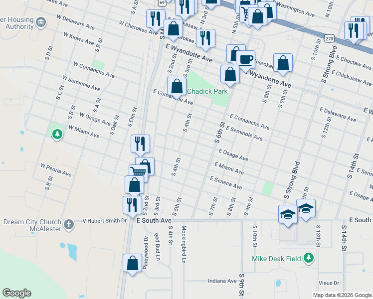 map of restaurants, bars, coffee shops, grocery stores, and more near 425 East Miami Avenue in McAlester