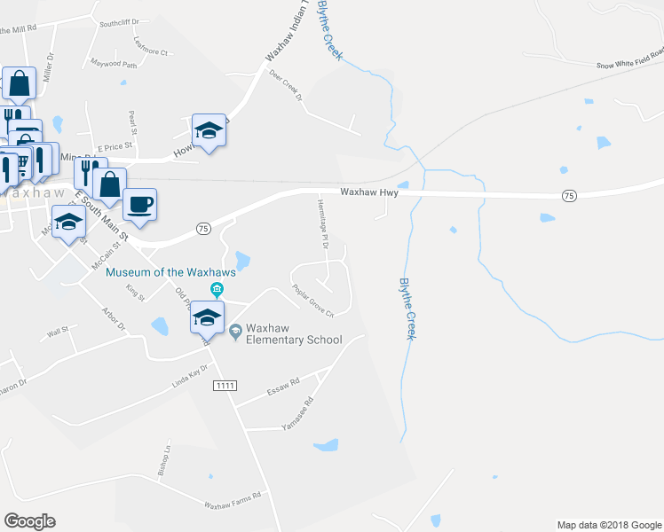 map of restaurants, bars, coffee shops, grocery stores, and more near 8000 Poplar Grove Circle in Waxhaw