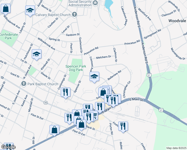 map of restaurants, bars, coffee shops, grocery stores, and more near 1128 Pinewood Road in Rock Hill