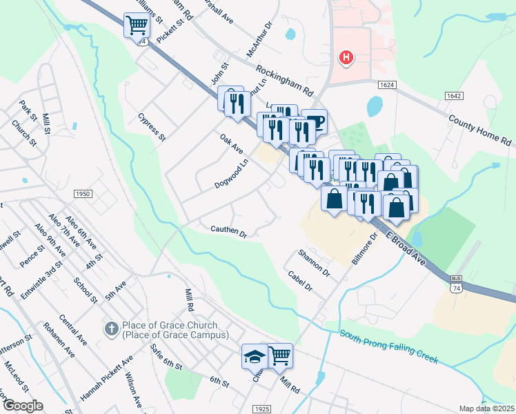 map of restaurants, bars, coffee shops, grocery stores, and more near 1316 Cauthen Drive in Rockingham