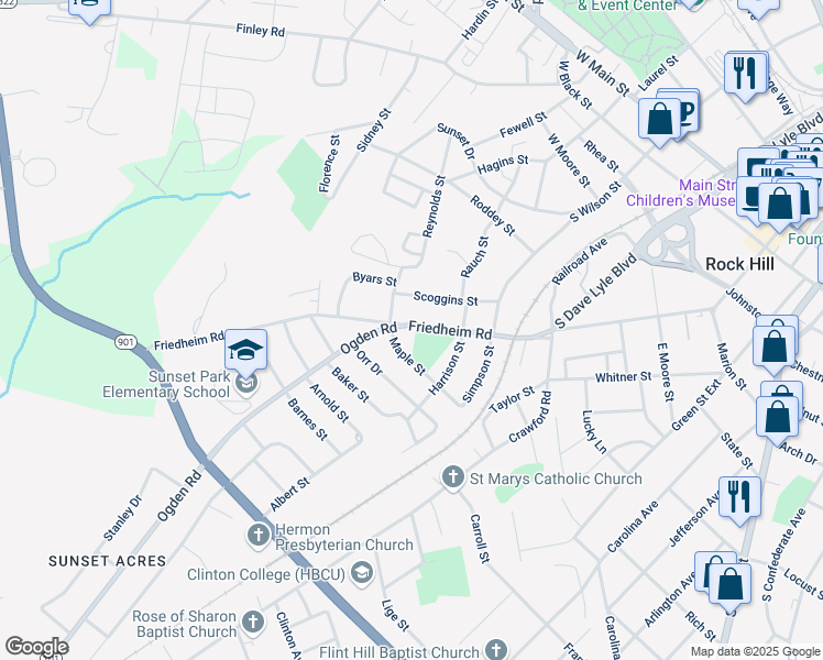 map of restaurants, bars, coffee shops, grocery stores, and more near 347 Friedheim Road in Rock Hill