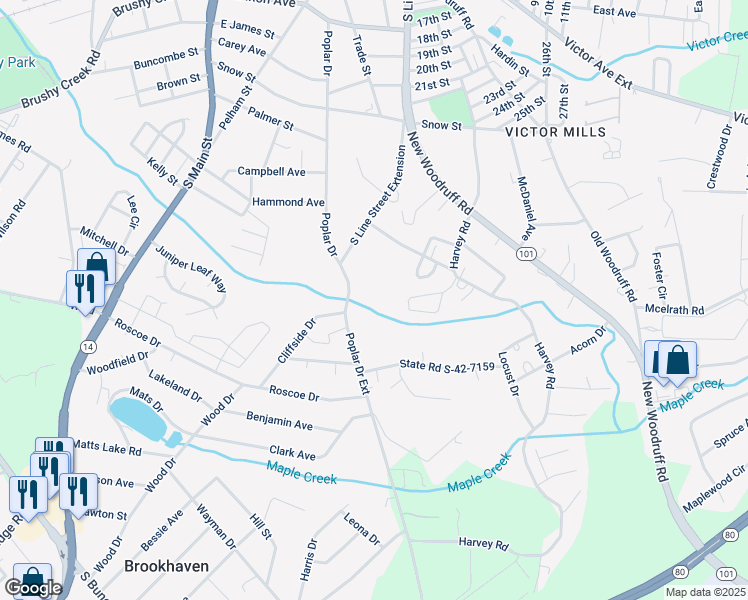 map of restaurants, bars, coffee shops, grocery stores, and more near 707 Poplar Drive in Greer