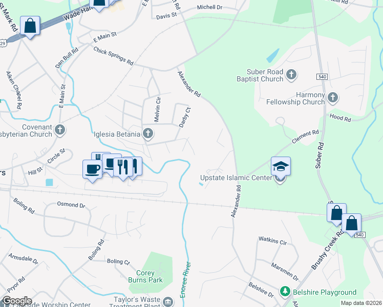 map of restaurants, bars, coffee shops, grocery stores, and more near 17 Blacktop Road in Taylors