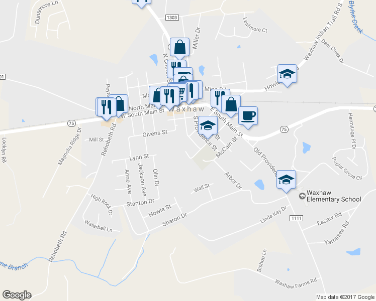 map of restaurants, bars, coffee shops, grocery stores, and more near 401 Brevard Street in Waxhaw