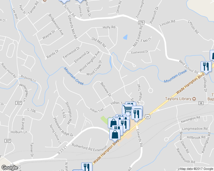 map of restaurants, bars, coffee shops, grocery stores, and more near 106 Bellview Drive in Taylors