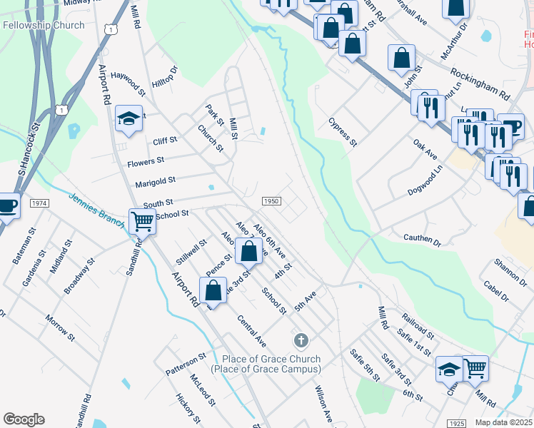 map of restaurants, bars, coffee shops, grocery stores, and more near 4 First Avenue in Rockingham