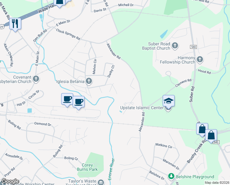 map of restaurants, bars, coffee shops, grocery stores, and more near 17 Blacktop Road in Taylors
