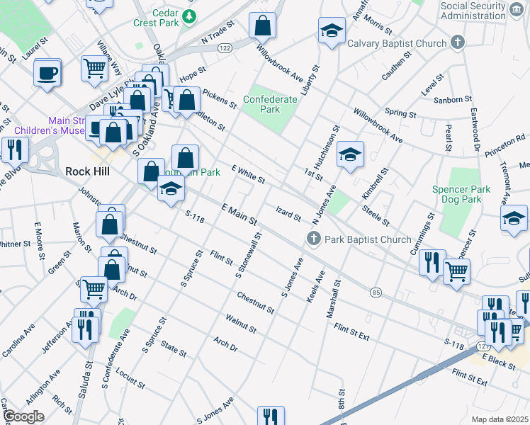 map of restaurants, bars, coffee shops, grocery stores, and more near 549 East Main Street in Rock Hill