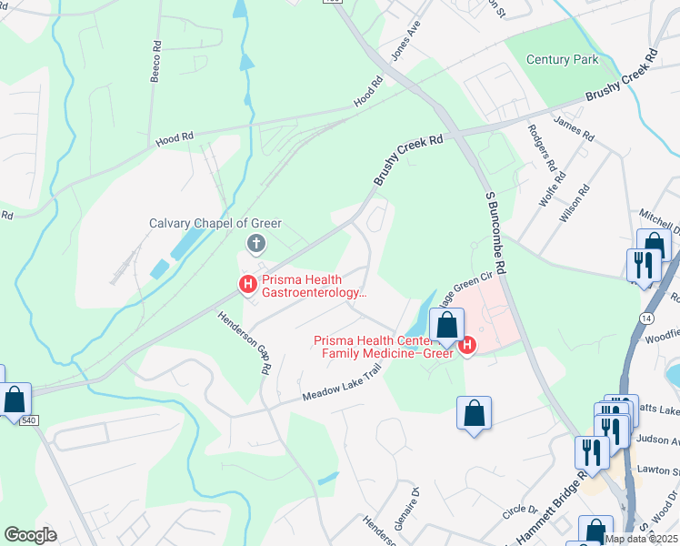 map of restaurants, bars, coffee shops, grocery stores, and more near 33 Meadow Springs Lane in Greer
