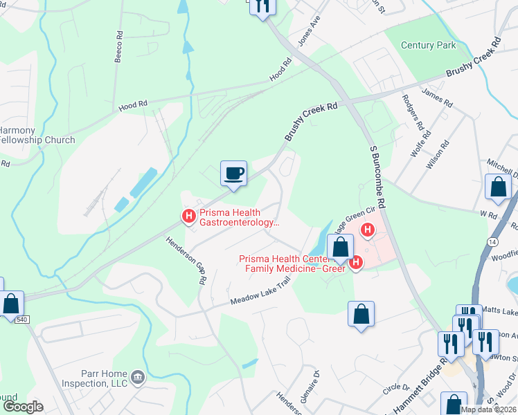 map of restaurants, bars, coffee shops, grocery stores, and more near 35 Meadow Springs Lane in Greer